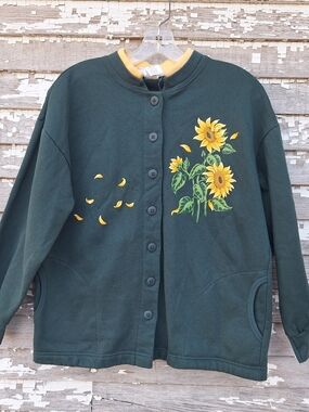 Vintage Morning Sun Sunflower Button-Front Forest Green Sweatshirt Jacket